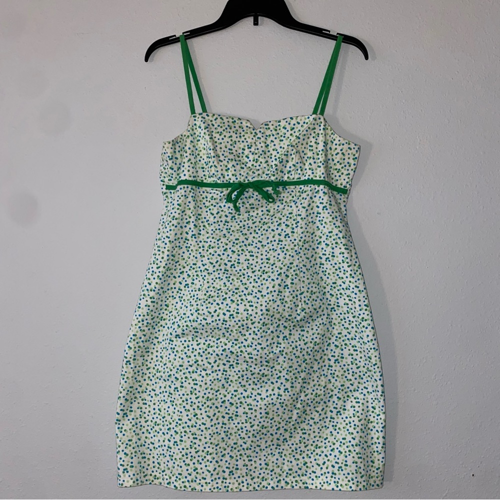 Vintage 90s Aqua Blues Green, blue Polka Dot Sleeveless Bow Accent Dress